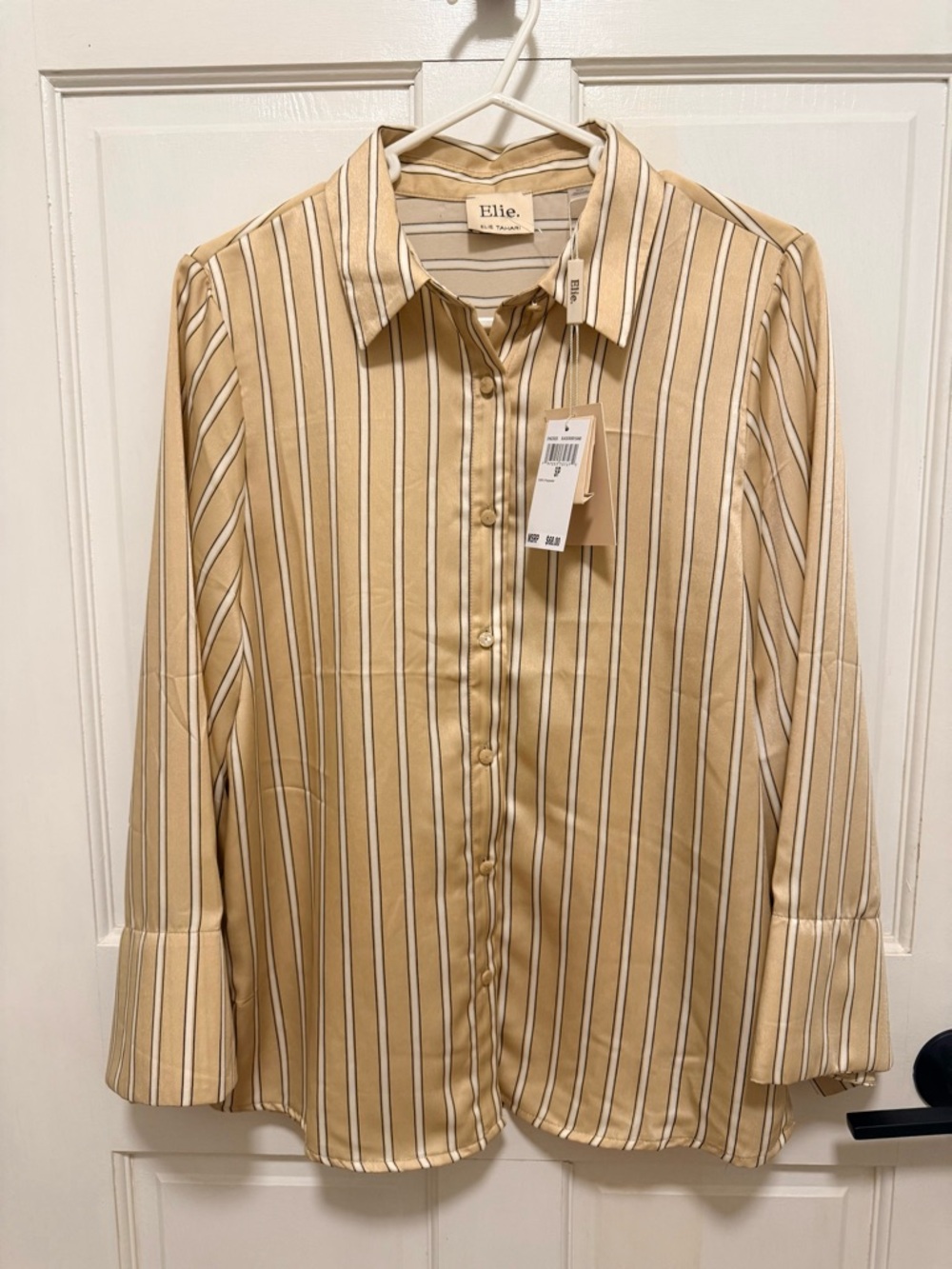 Elie Tahari Beige and White Vertical Stripe Button-Down Shirt